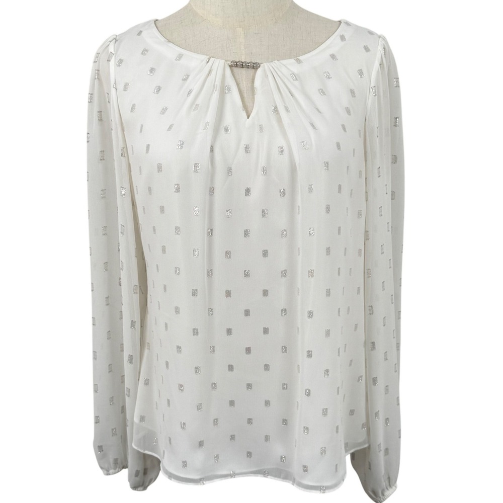 EUC WHBM Women 4 Blouse White Silver Metallic Foil Rhinestone Shimmer Glam Party